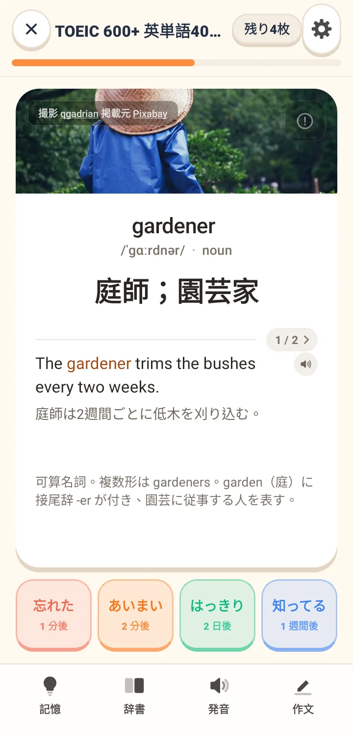 Tomaru の単語カード画面。英単語と発音記号、意味と例文 2 つ、その下に 4 つの復習評価ボタン