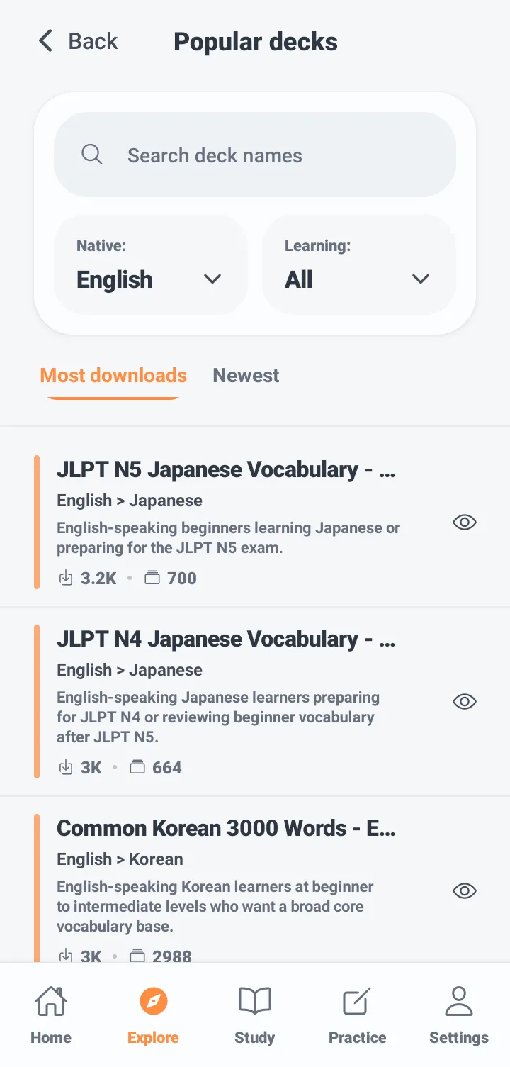 Tomaru word list index showing how many people added each list and how many words it holds