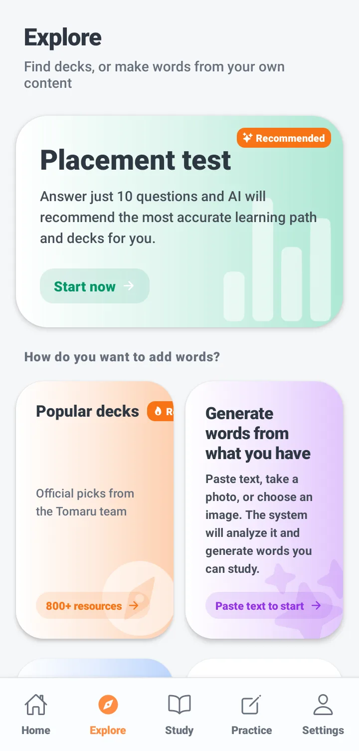 Tomaru explore screen with a placement test, popular word lists, generating words from your own content, and select-to-translate