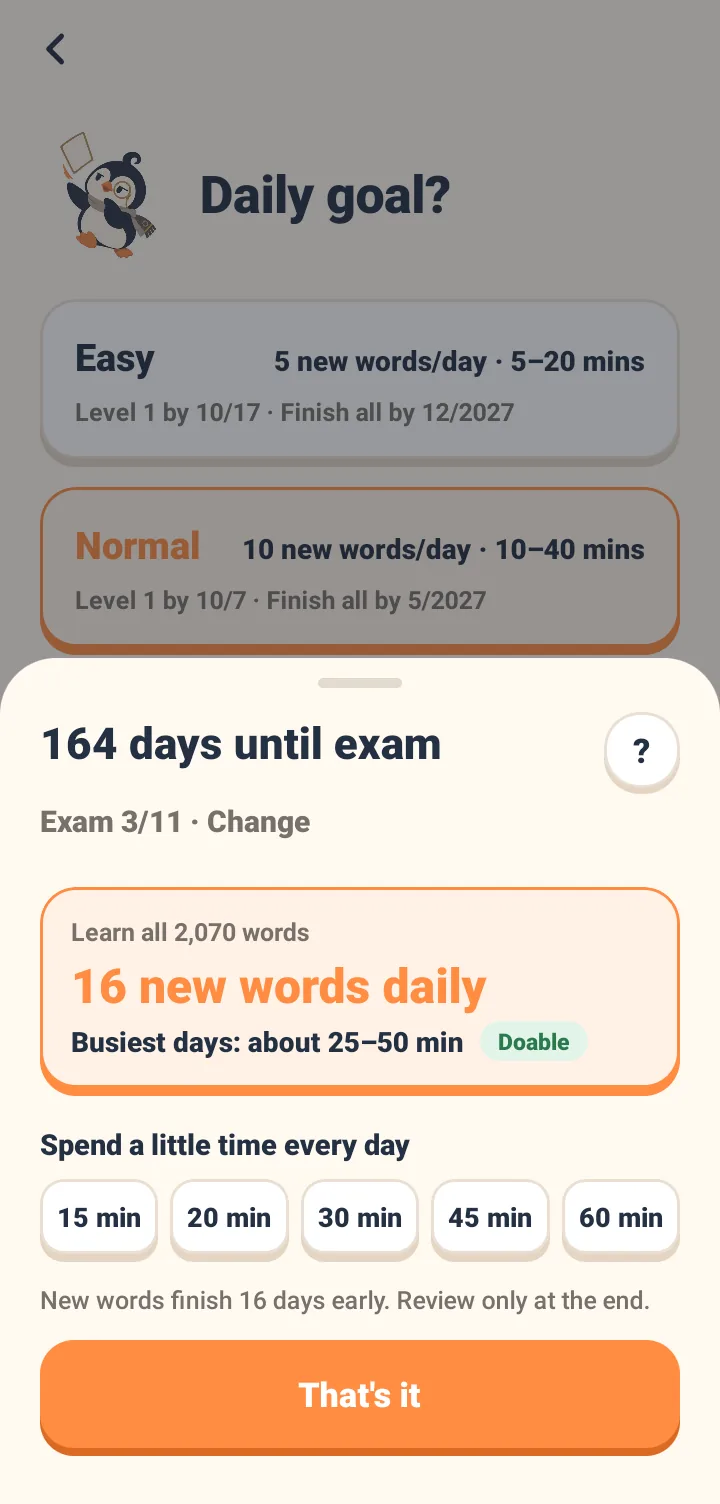 The screen shows 110 days left until the exam on Jan 16. Selecting to learn all 5,153 words shows 58 new words per day, taking up to 1-3 hours daily, marked as too rushed. Changing to a fixed 30 minutes a day shows about 980 words can be learned before the exam at 11 new words a day, noting that new words will be finished 11 days early to focus on review.