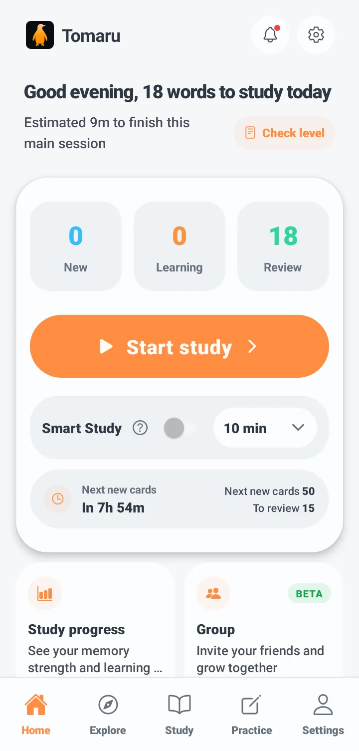 Tomaru home screen showing words due today, estimated minutes, and new, learning and review counts