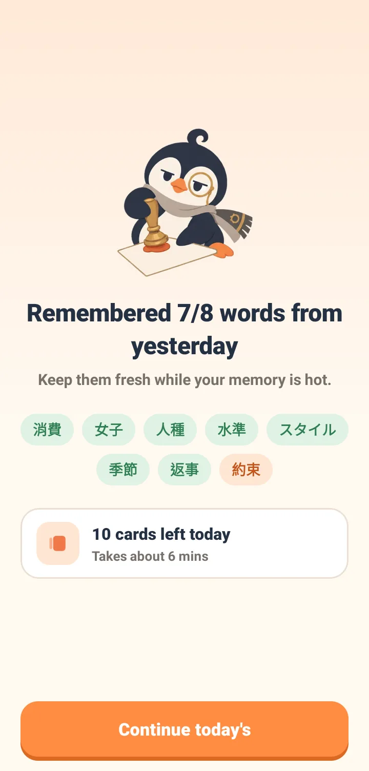 Maru the penguin mascot is at the top. Text says you remembered 7 out of yesterday's 8 words, encouraging you to keep them fresh. Below is a list of 8 words including creek and corner, with consent marked as forgotten. The bottom shows 10 cards left today, taking about 6 minutes, and a continue button.