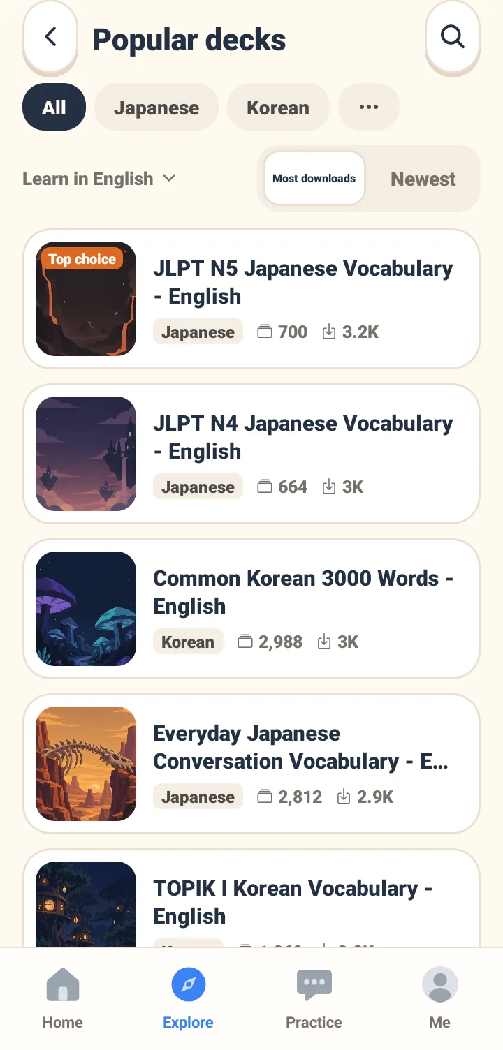 A popular decks list with a language filter at the top. Each deck shows a cover image, name, word count, and number of downloads.