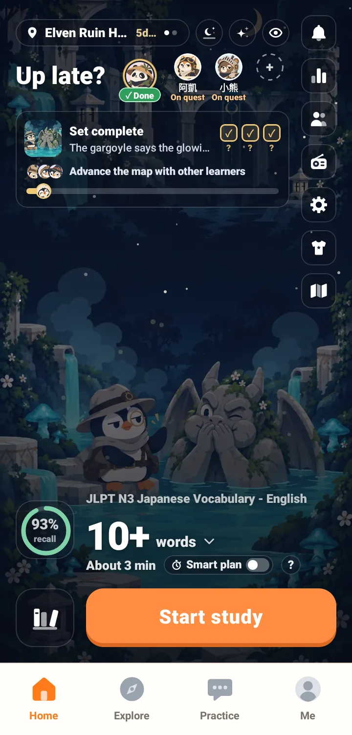 The app home screen featuring a scenic illustration and Maru the penguin in the background. A greeting and today's location are at the top left, and a memory ring is at the bottom left. The bottom displays the plan name, about 10 or more words for today, estimated minutes, and a start learning button.