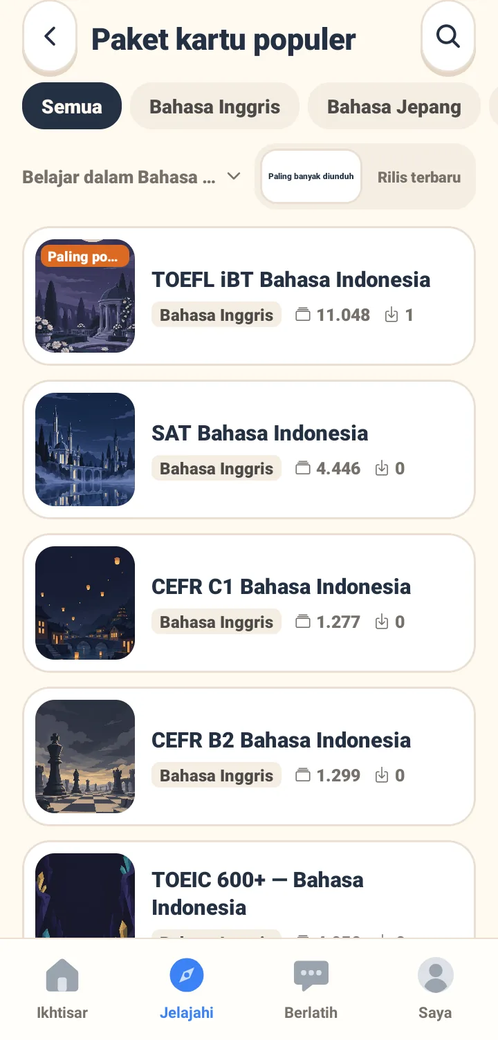 Daftar tumpukan kartu populer dengan filter bahasa di bagian atas. Setiap tumpukan menampilkan gambar sampul, nama, jumlah kata, dan jumlah unduhan.