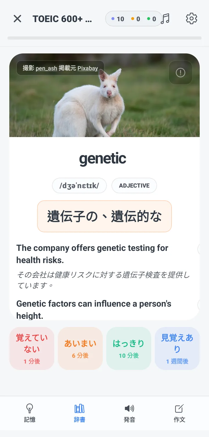 Tomaru の単語カード画面。英単語と発音記号、意味と例文 2 つ、その下に 4 つの復習評価ボタン