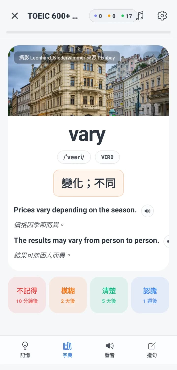 Tomaru 背單字 App 的單字卡畫面:英文單字、音標、中文解釋與兩句例句,下方是四個複習評分按鈕