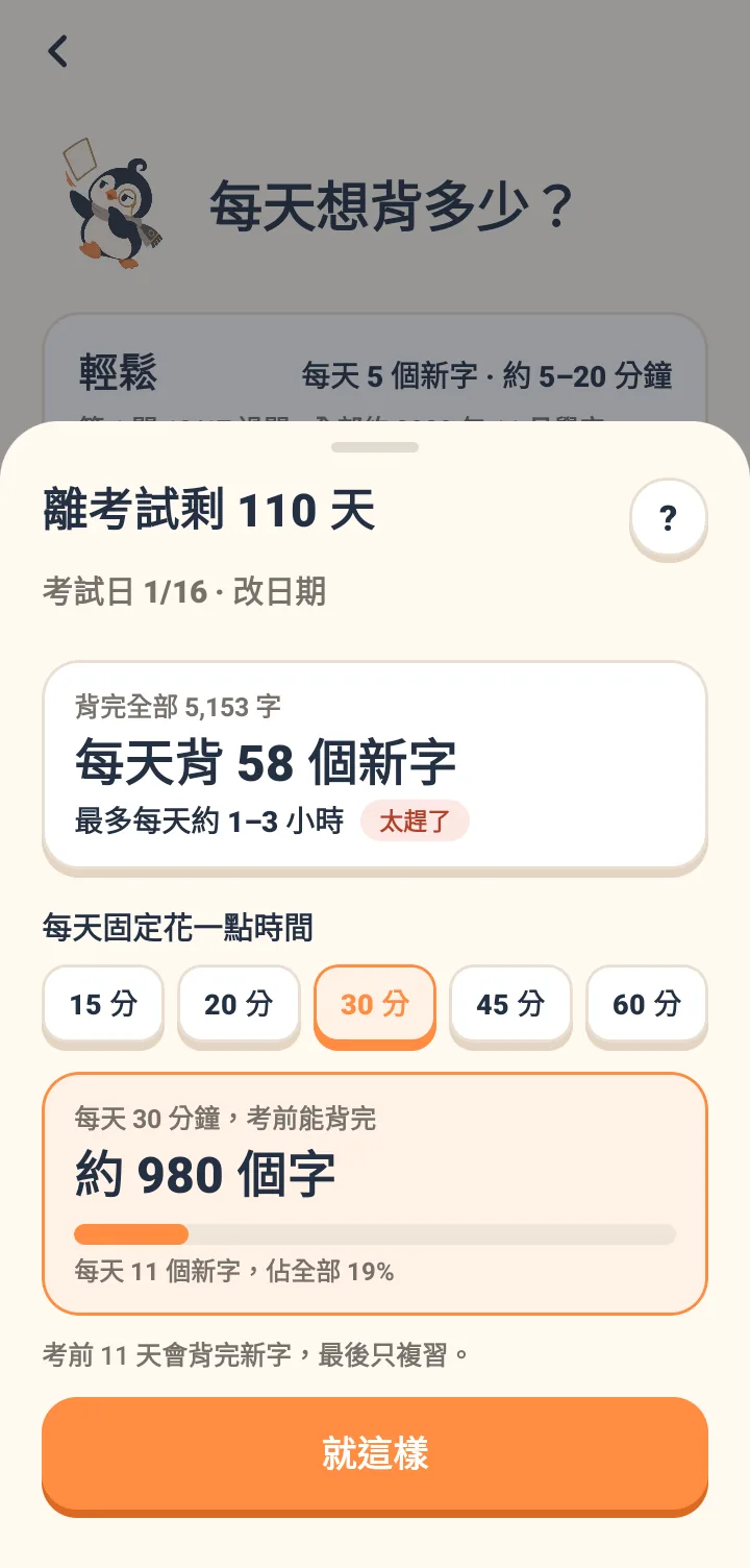 畫面顯示離考試剩110天,日期1月16日。選擇背完全部5153字時,顯示每天需背58個新字,最多每天約1到3小時,標示為太趕了。改選每天固定花30分鐘後,顯示考前能背完約980個字,每天11個新字,並說明考前11天會背完新字,最後只複習。