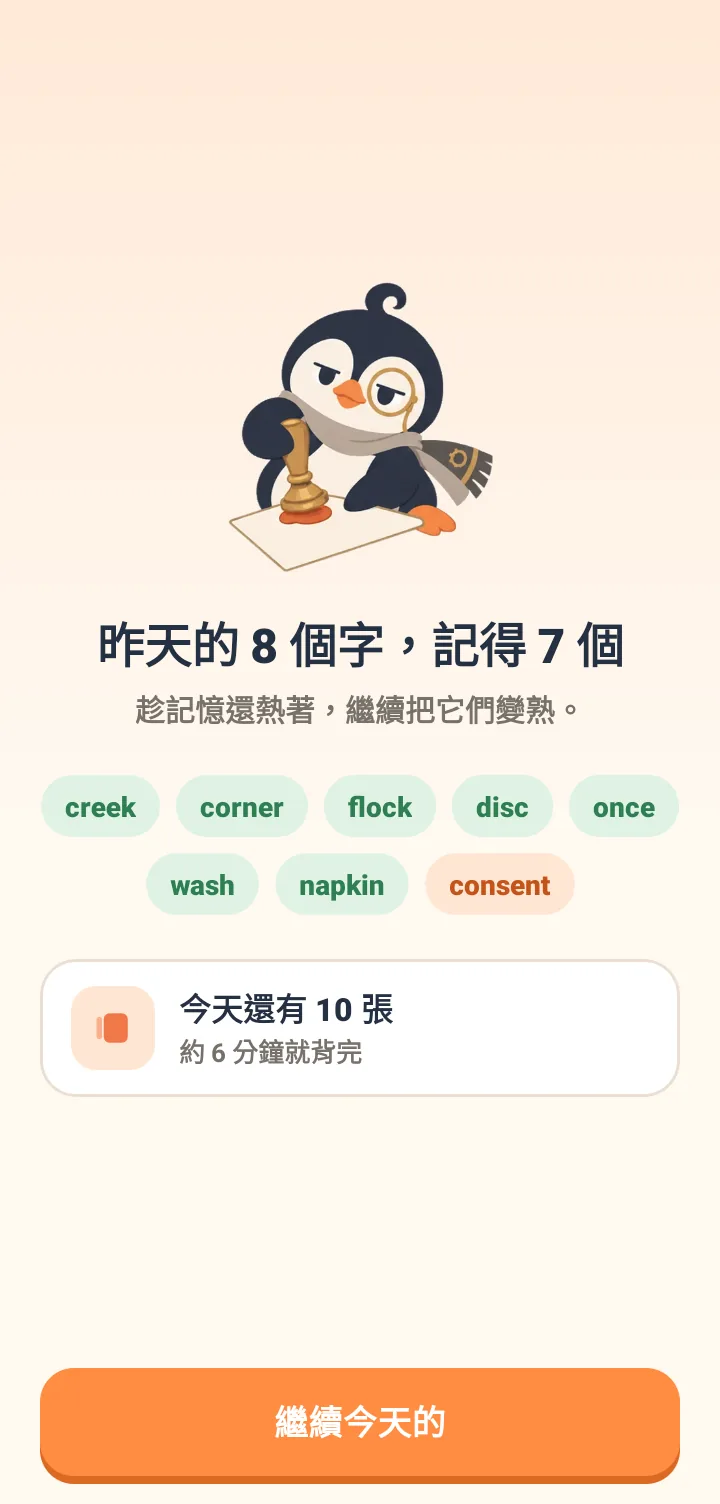上方有企鵝吉祥物 Maru,文字寫著昨天的8個字記得7個,趁記憶還熱著繼續把它們變熟。下方列出 creek、corner 等8個單字,其中 consent 標示為沒想起來。最下方顯示今天還有10張,約6分鐘背完,以及繼續今天的按鈕。